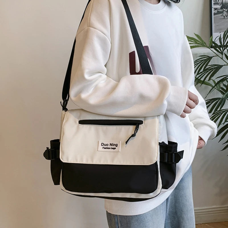 Small Fresh Canvas Color Blocked Postman Bag Large Capacity Campus Student Trendy Work Commuter