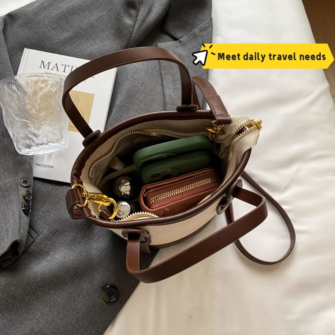 Two-Tone Canvas & Leather Bucket Bag for Women