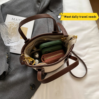 Two-Tone Canvas & Leather Bucket Bag for Women