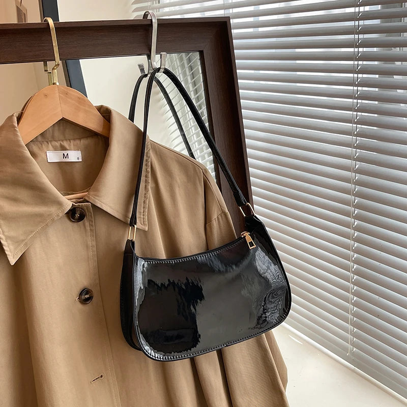 Stylish Casual Women S Underarm Bag Glossy Pu Shoulder Lightweight Solid Color Handbag Outings