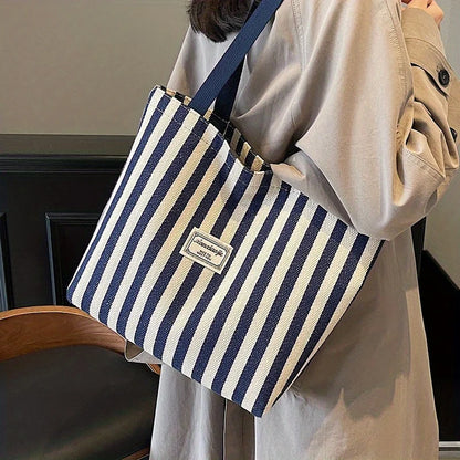 Striped Canvas Tote Bag – Large Capacity Shoulder Bag for Women