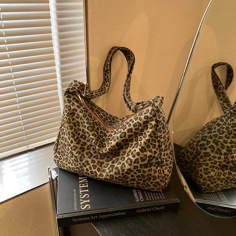 Trendy Casual Soft Textile Women S Shoulder Bag Large Capacity Leopard Print Female Retro Crossbody