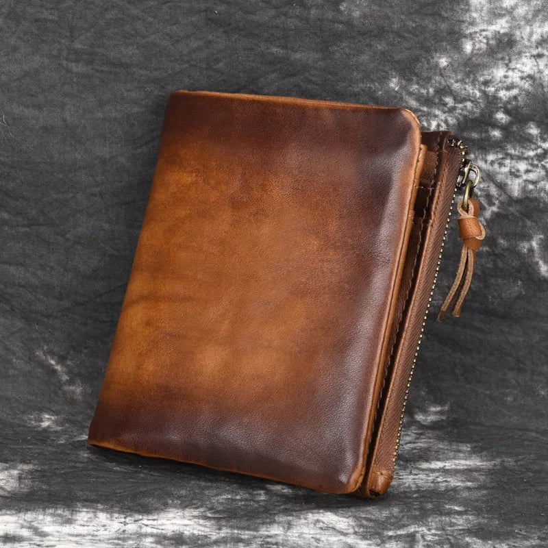 Genuine Leather Coin Pocket Card Holder Retro Double-Zipper Men S Wallet