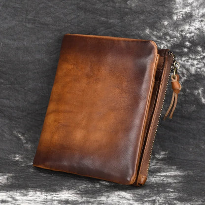 Genuine Leather Coin Pocket Card Holder Retro Double-Zipper Men S Wallet