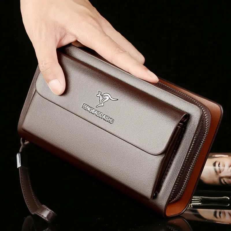 Male Handbag Business Wallet Double Zipper Large Capacity Mobile Phone Multi-Card Multi-Function