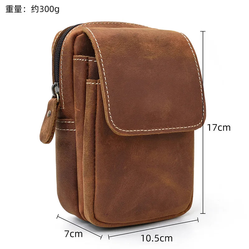 Men S Retro Genuine Leather Waist Bag Crazy Horse Leather Double-Layer Belt Hanging Bag