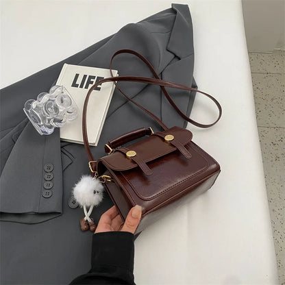 Vintage Crossbody Bag – Faux Leather Shoulder Bag with Plush Charm & Gold Button Detail