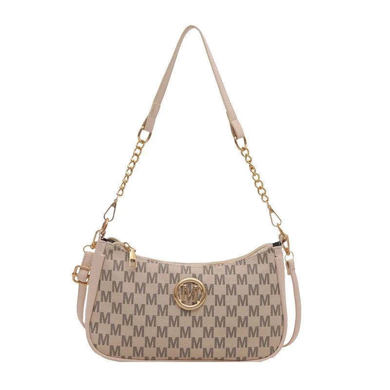 Chic Monogram Print Beige Shoulder Bag Small Crossbody Handbag Gold Chain Accent Woman Everyday