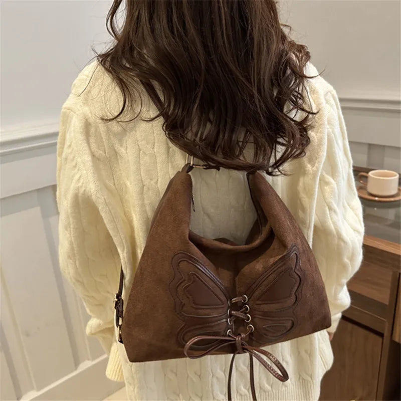 Faux Suede Tote Bag Bow Tie Backpack Chic Retro Single Handbag Women Shoulder Messenger Bag