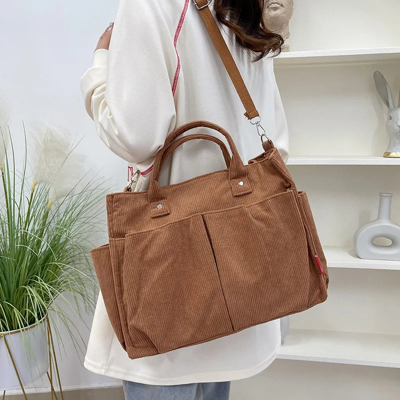 Corduroy Tote Bag – Large Shoulder Bag with Multi-Pocket