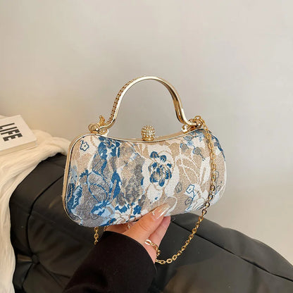 Floral Tapestry Box Clutch Bag with Gold-Tone Hardware & Detachable Chain