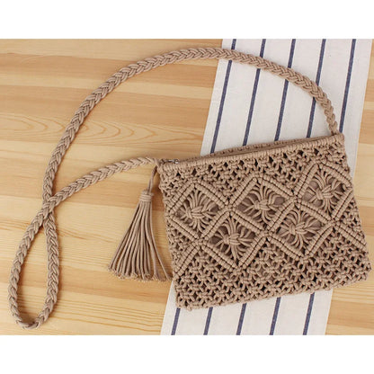 Bohemian Woven Rope Crossbody Bag with Tassel Detail