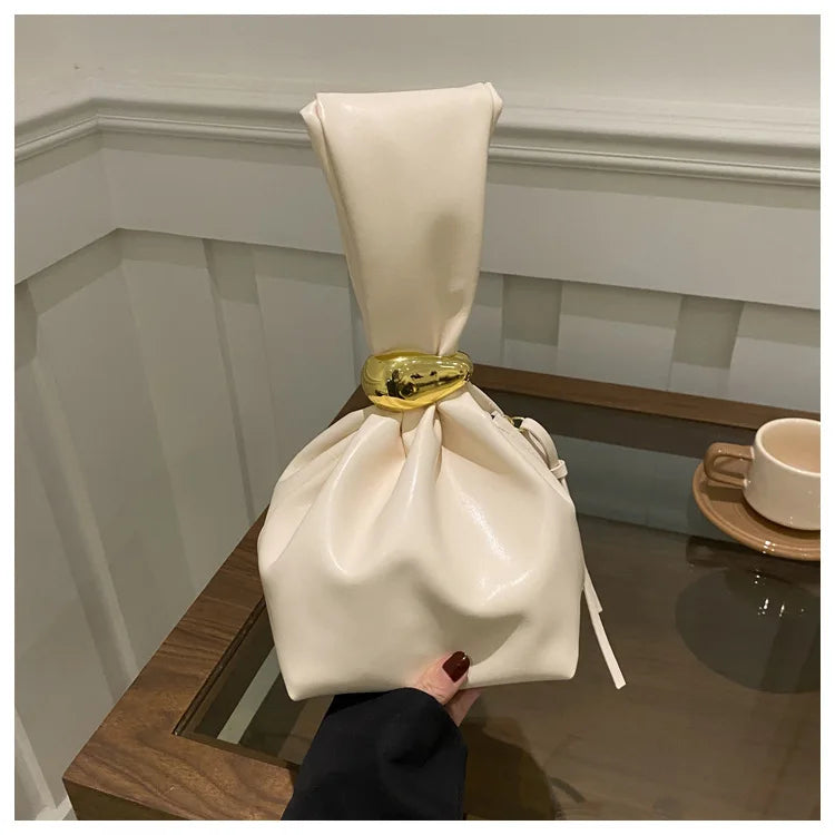 Drawstring Cloud Tote Bag with Gold Metal Buckle for Women