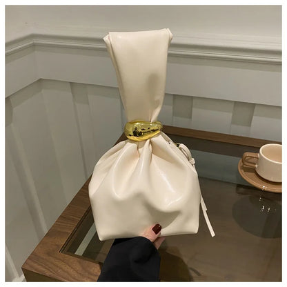 Drawstring Cloud Tote Bag with Gold Metal Buckle for Women