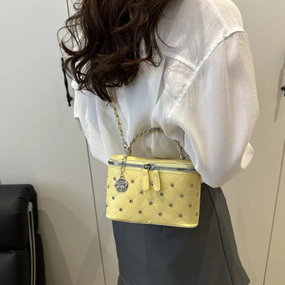 Quilted Mini Box Handbag Metal Chain Top Handle Crossbody Purse Camellia Charm