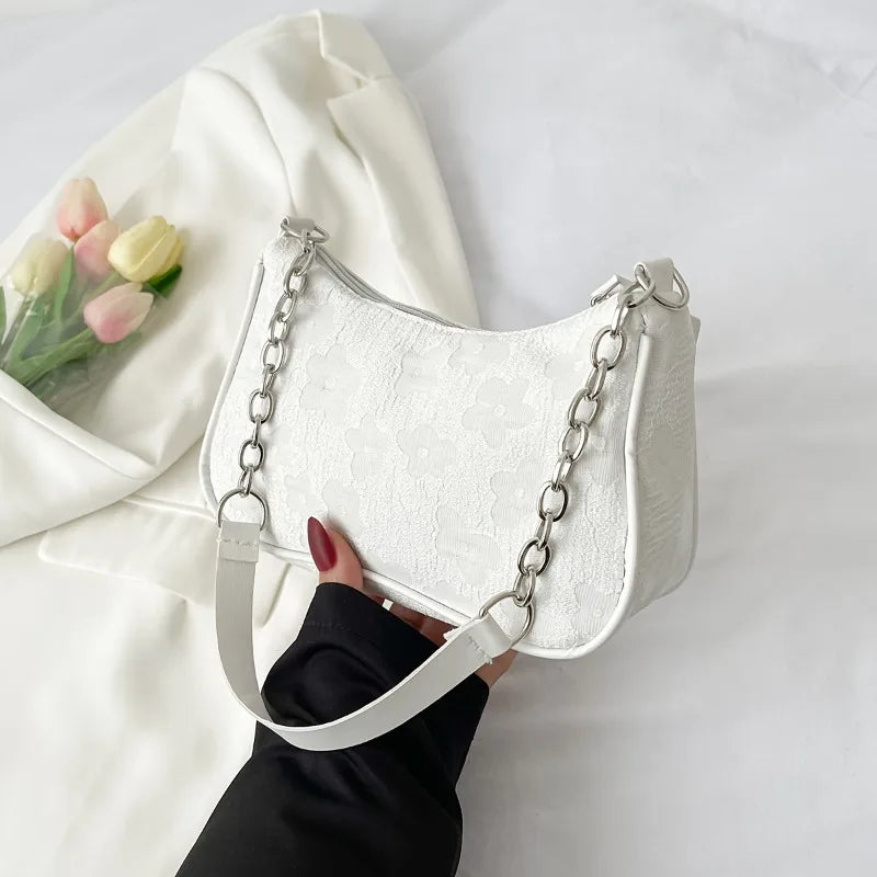 Floral Jacquard Underarm Bag – Silver Chain Shoulder Purse