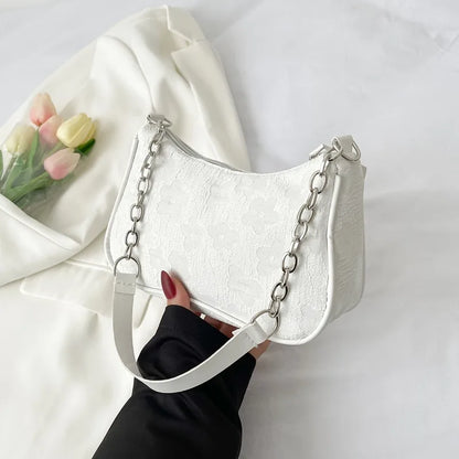 Floral Jacquard Underarm Bag – Silver Chain Shoulder Purse