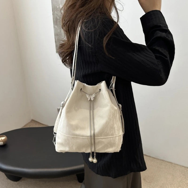 Drawstring Tote Bag Butterfly Pearl Convertible 2-In-1 Backpack Single Shoulder Purse - Soft