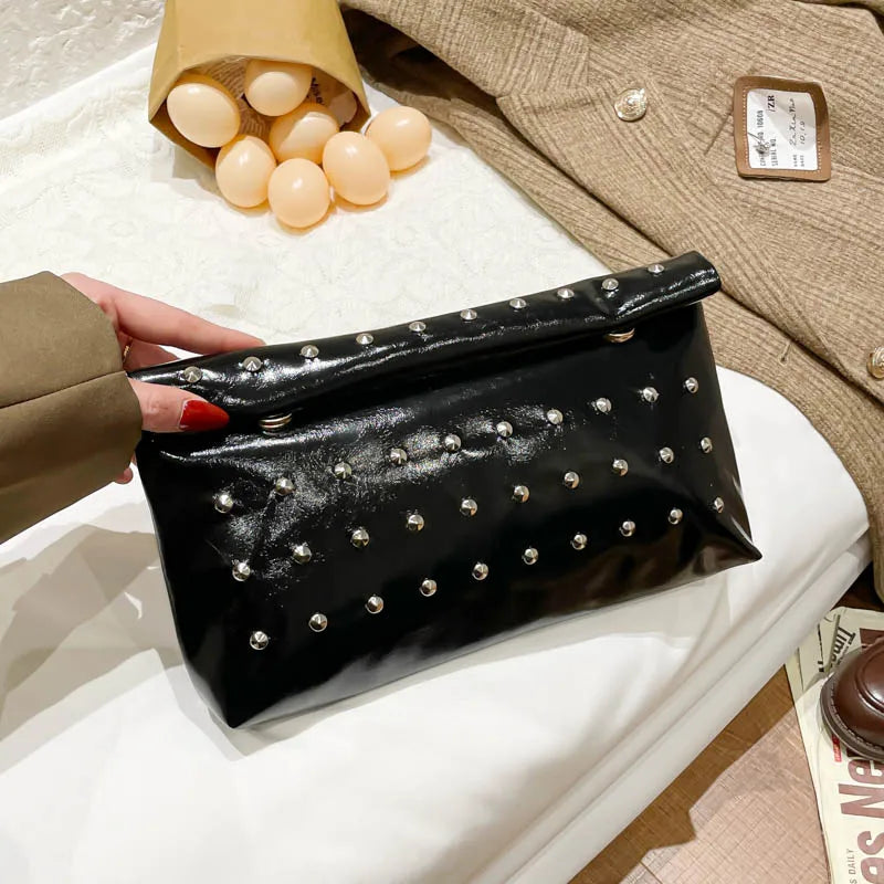 Light Luxury Clutch Bag Glitter Pu Leather Evening Rivet Solid Color Handbag Banquet Dance
