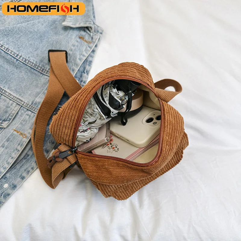 Homefish Corduroy Crossbody Bag Women Casual Style Zipper Closure Adjustable Strap Multi Pockets