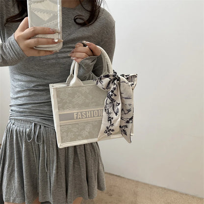 Chic Embroidered Handbag Silk Scarf Bow Women Tote Bag Pu Leather Letter Underarm Commute Shopping