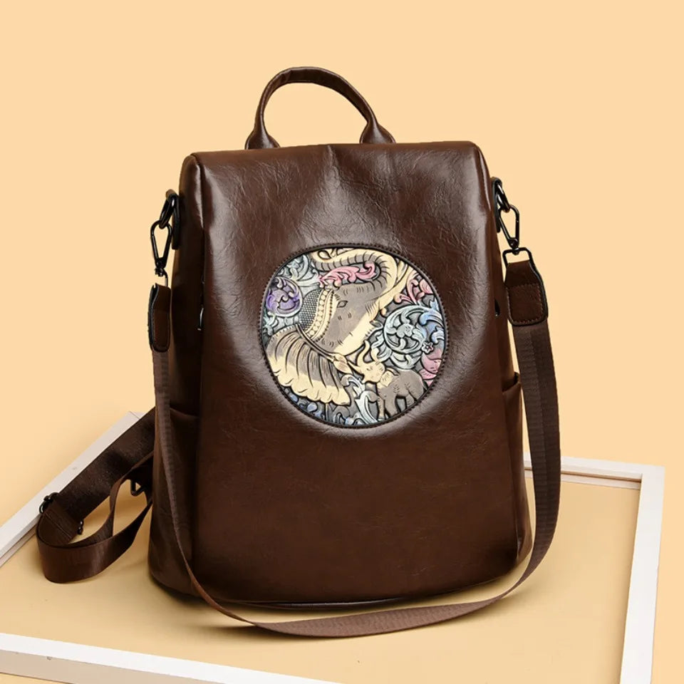 Anti-Theft Backpack with Deer & Elephant Print – 3-in-1 Waxed Leather Shoulder Bag