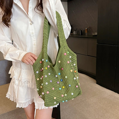 Beach Knitted Openwork Women Shoulder Bag Colorful Pearl Tote Soft Material Large Capacity Versatile