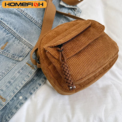 Homefish Corduroy Crossbody Bag Women Casual Style Zipper Closure Adjustable Strap Multi Pockets