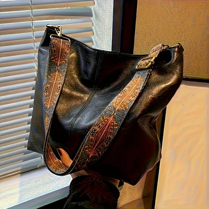 Stylish Beige Leather Tote Bag Decorative Printed Wide Strap Crossbody Bag Work Commute Large