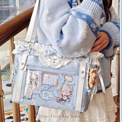 Japanese Sweet Women Ribbon Ita Bag Cute Lolita Girl Transparent Handbags Large Capacity Tote