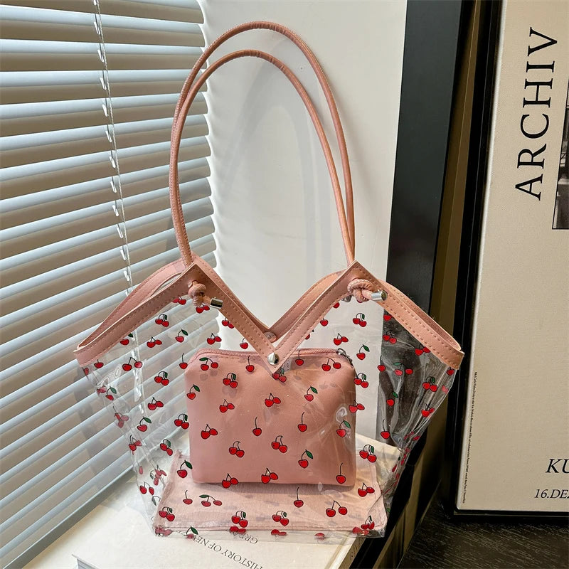 Women Tote Bag Transparent Pvc Cherry Pattern Shoulder Small Commute Shopping