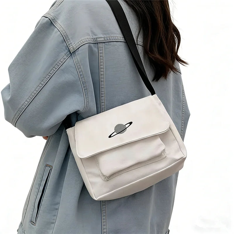 Canvas Crossbody Bag with Embroidery & Pendant - Minimalist Shoulder Handbag