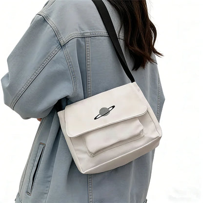 Canvas Crossbody Bag with Embroidery & Pendant - Minimalist Shoulder Handbag