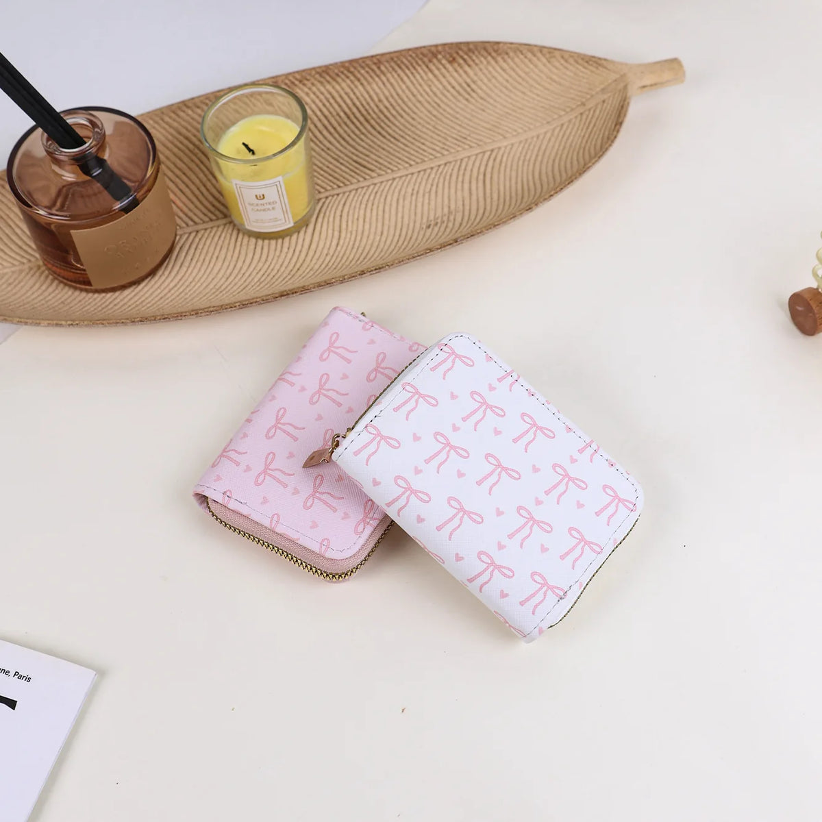Pu Leather Ladies Card Case Cartoon Bow Sweet Mini Coin Purse Lightweight Card Case