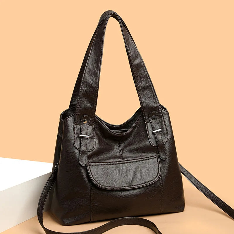 Ladies Casual Single-Shoulder Bag Large-Capacity Soft Leather Hand-Held Commuter Tote Bag - Soft