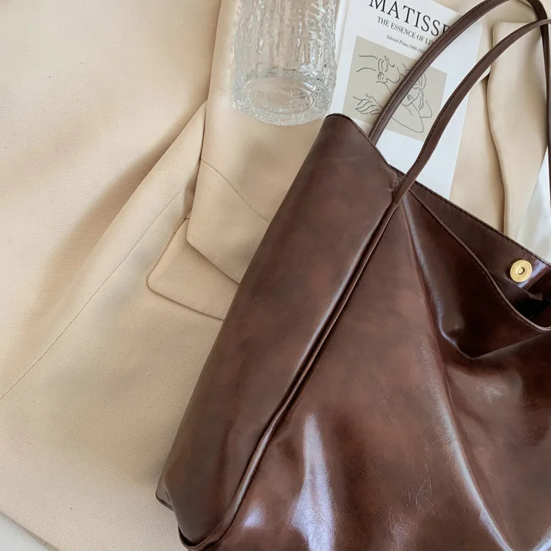 Large Capacity Retro PU Leather Tote Bag – Women's Shoulder Handbag