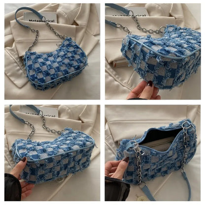 Checkered Denim Shoulder Bag – Y2K Chain Strap Hobo