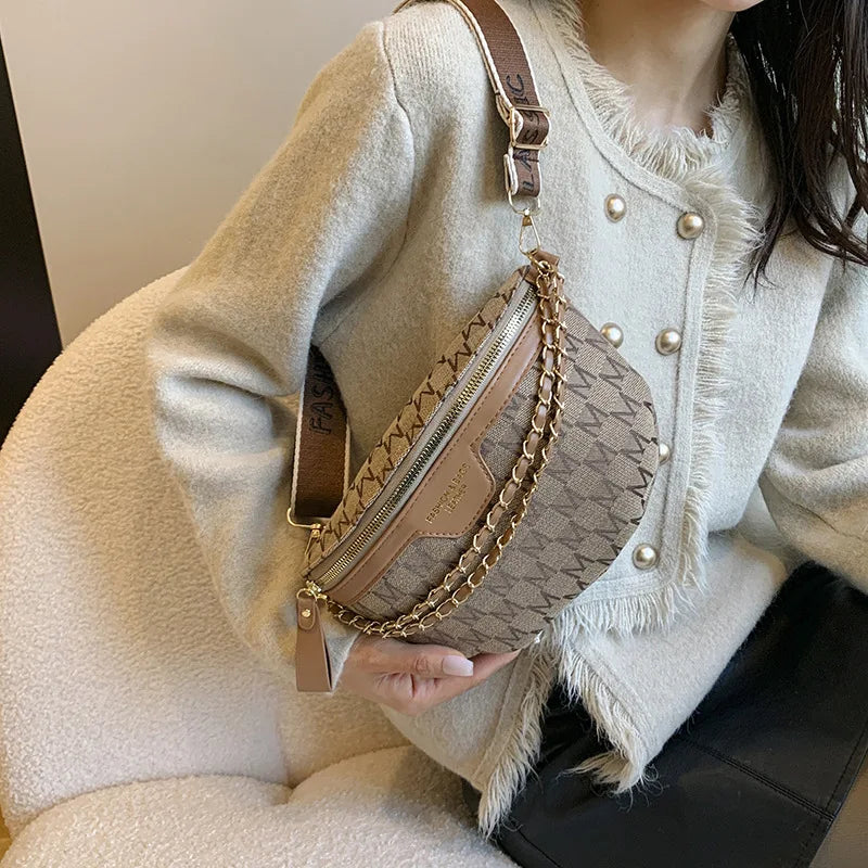 Crossbody Chest Bag with Chain Letter Pattern - Adjustable Waist Bag