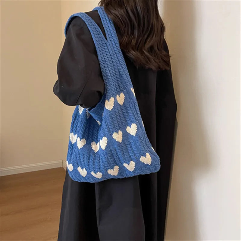 Knitted Heart Tote Bag – Women's Handmade Shoulder Bag