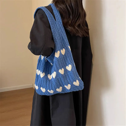 Knitted Heart Tote Bag – Women's Handmade Shoulder Bag