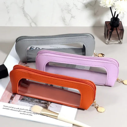 Pu Pencil Case Portable Waterproof Transparent Cosmetic Bag Zipper Makeup Brush Storage Sundries