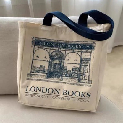 Canvas Tote Bag with Book Print – Large Capacity Women's Shoulder Bag