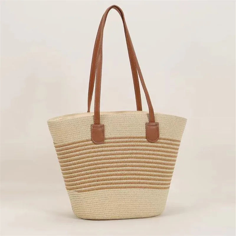 Striped Straw Tote Bag Leather Handles Large Capacity Summer Beach Casual Daily Shoulder Bag Women