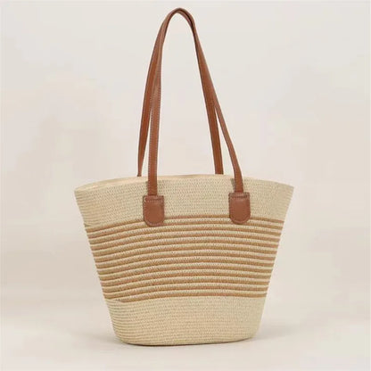 Striped Straw Tote Bag Leather Handles Large Capacity Summer Beach Casual Daily Shoulder Bag Women