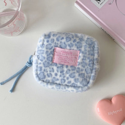 Retro Plush Square Leopard Print Makeup Bag Cute Winter Girl Portable Sanitary Cotton Storage Wallet