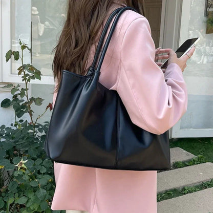 Simple White Shoulder Bag Women S Pu Leather Soft Underarm Tote School Large Capacity Full Student