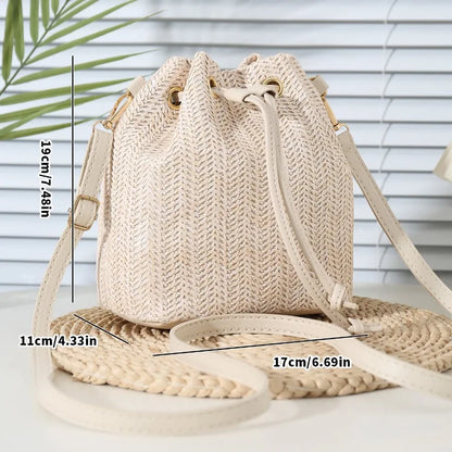 Straw Woven Bucket Crossbody Bag – Drawstring & Leather Strap