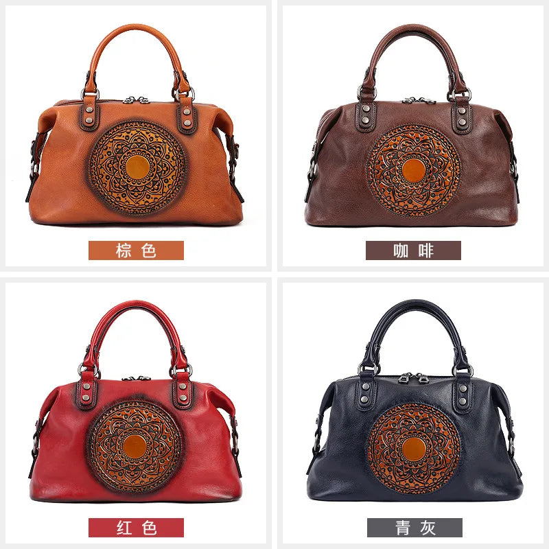 Embossed Totem Tote Bag Top-Grain Cowhide Commuter Handbag Large-Capacity Handcrafted