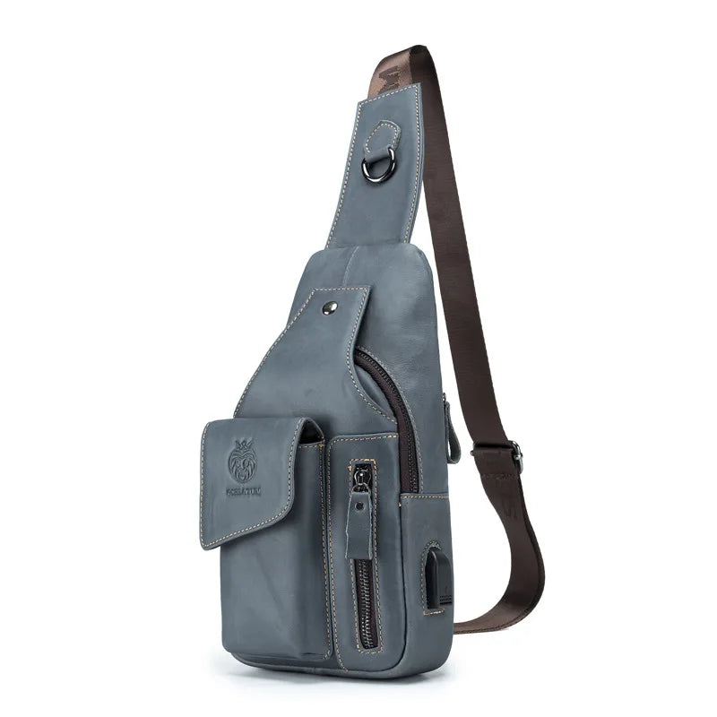 Real Leather Cross-Body Chest Bag Men Retro Head Layer Cowhide Large Capacity Usb Front Satchel