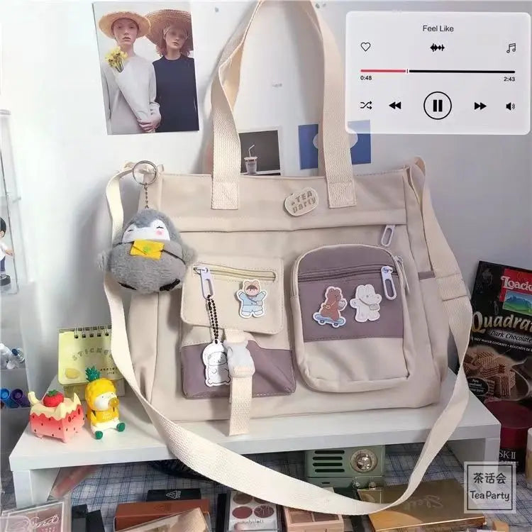 Kawaii Nylon Canvas Crossbody Shoulder Bag with Cute Charm